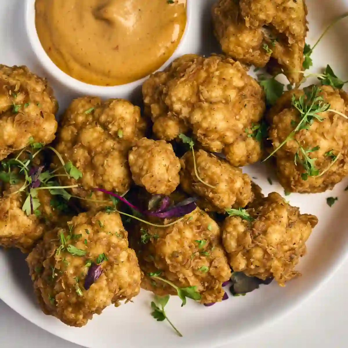 Crispy fried cauliflower with tahini aioli, served at happy hour in Alpharetta