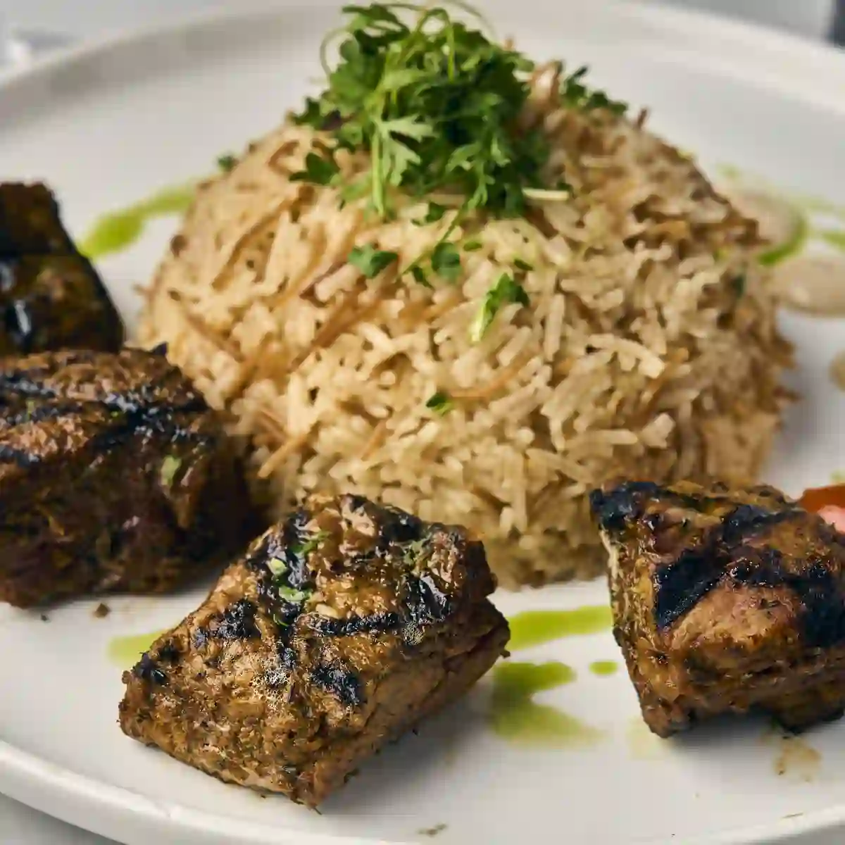 Filet mignon kabob with basmati rice pilaf at Siena Restaurant & Bar, Alpharetta