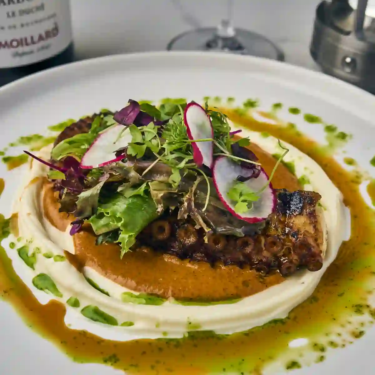 Polpo alla Griglia, flame-grilled octopus over potato puree with romesco sauce